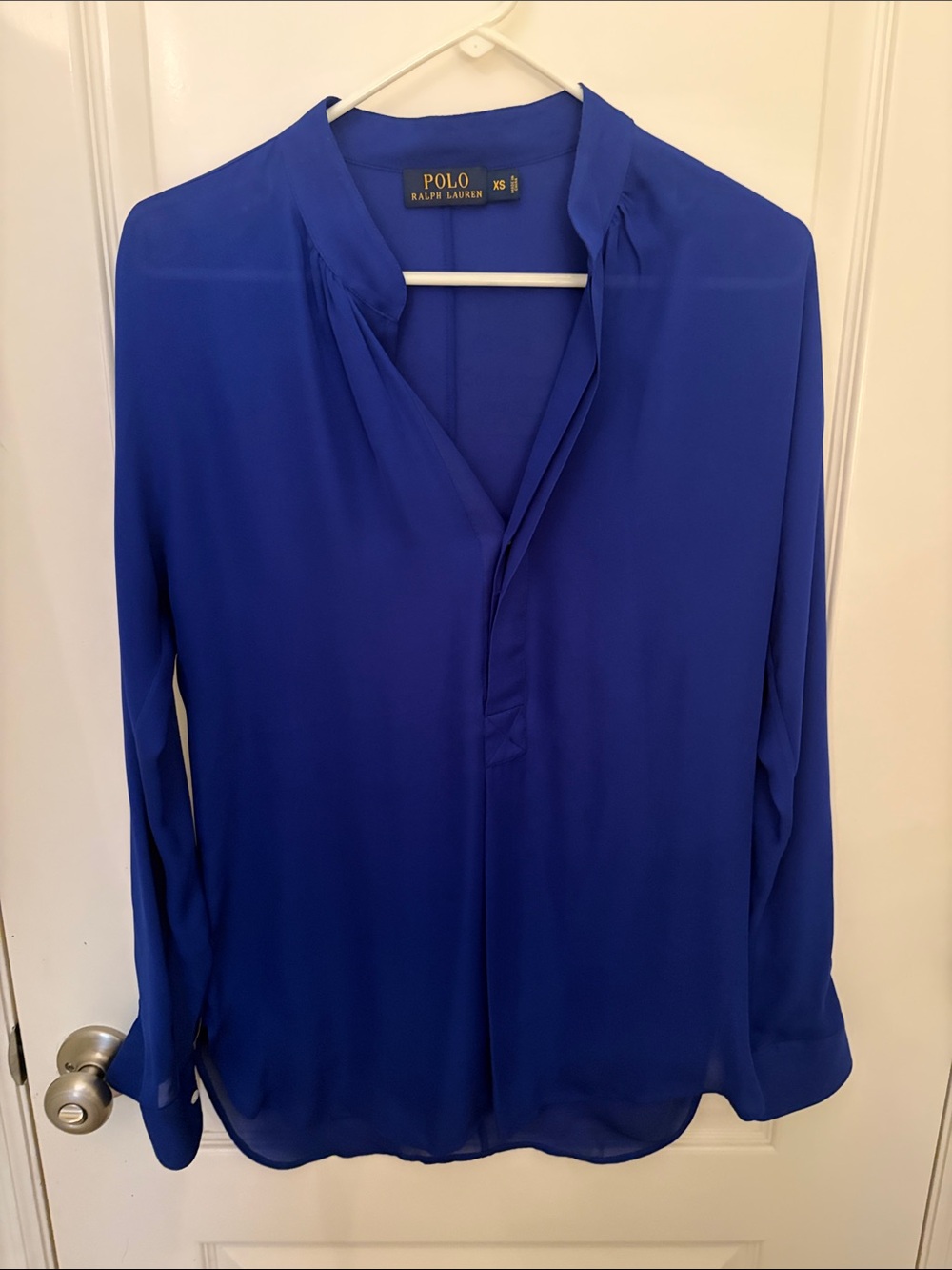 Polo by Ralph Lauren Cobalt Blue Long-Sleeve V-Neck Blouse-100% Silk
